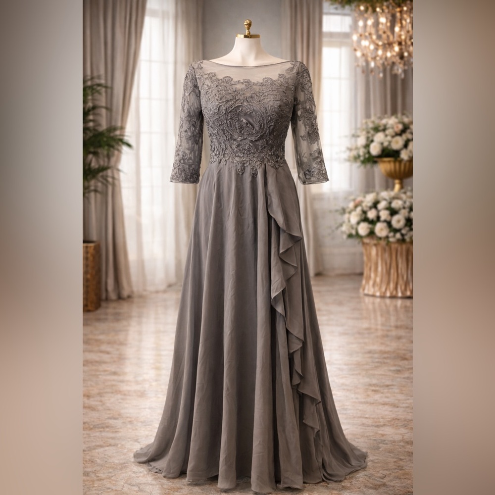 Mother of Bride Gray Lace Formal Gown Size 10 Derby Wedding Dress NWOT